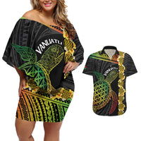 Vanuatu Sand Drawing Turtle Couples Matching Off Shoulder Short Dress and Hawaiian Shirt Happy Independence Day