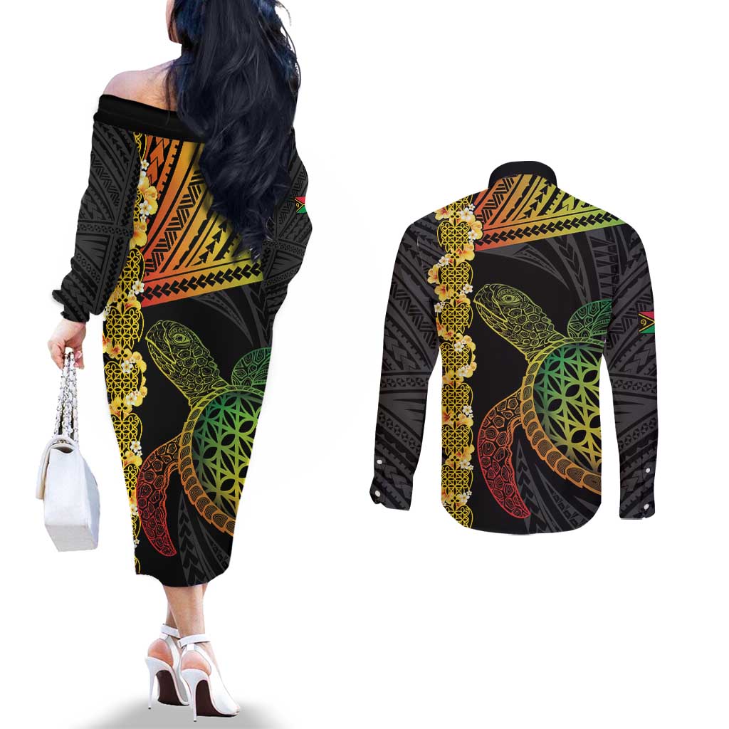 Vanuatu Sand Drawing Turtle Couples Matching Off The Shoulder Long Sleeve Dress and Long Sleeve Button Shirt Happy Independence Day