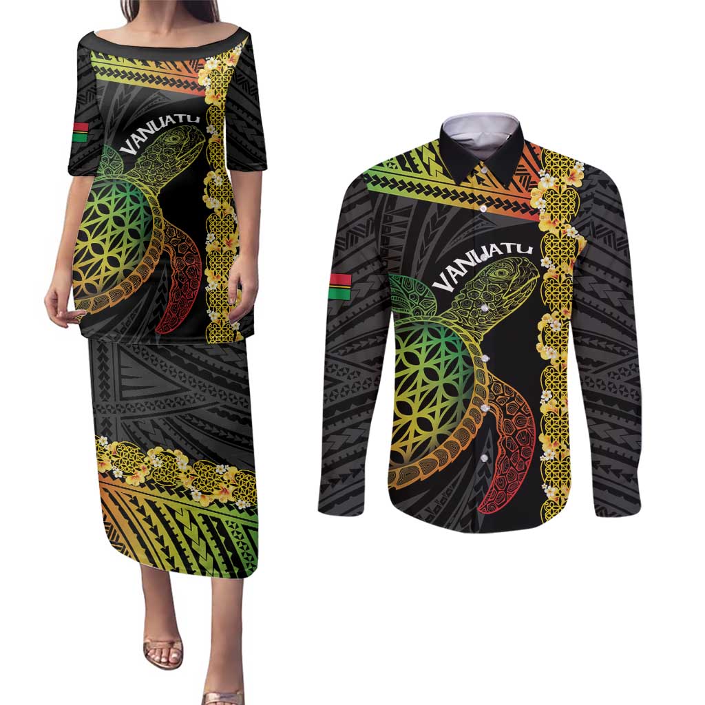 Vanuatu Sand Drawing Turtle Couples Matching Puletasi and Long Sleeve Button Shirt Happy Independence Day LT14 Black - Polynesian Pride