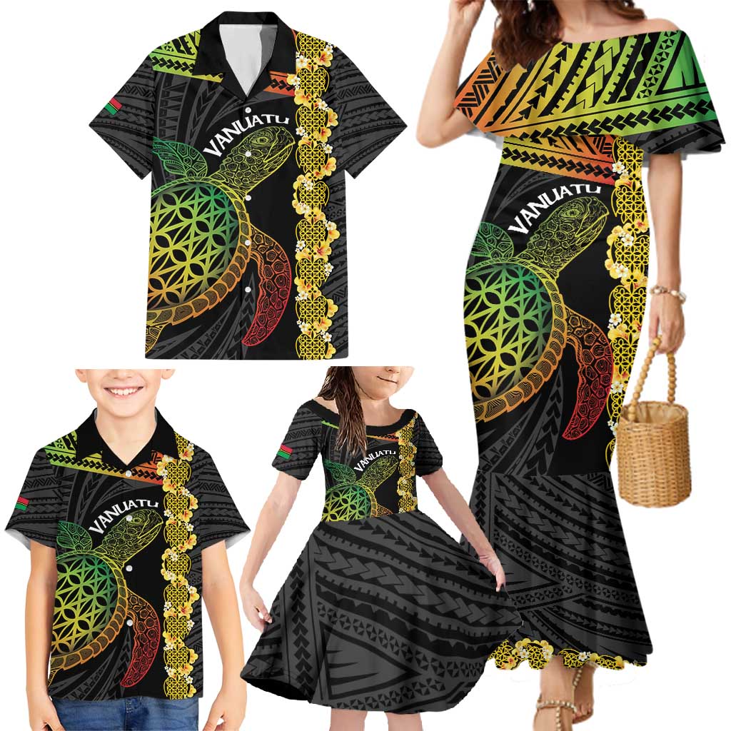 Vanuatu Sand Drawing Turtle Family Matching Mermaid Dress and Hawaiian Shirt Happy Independence Day