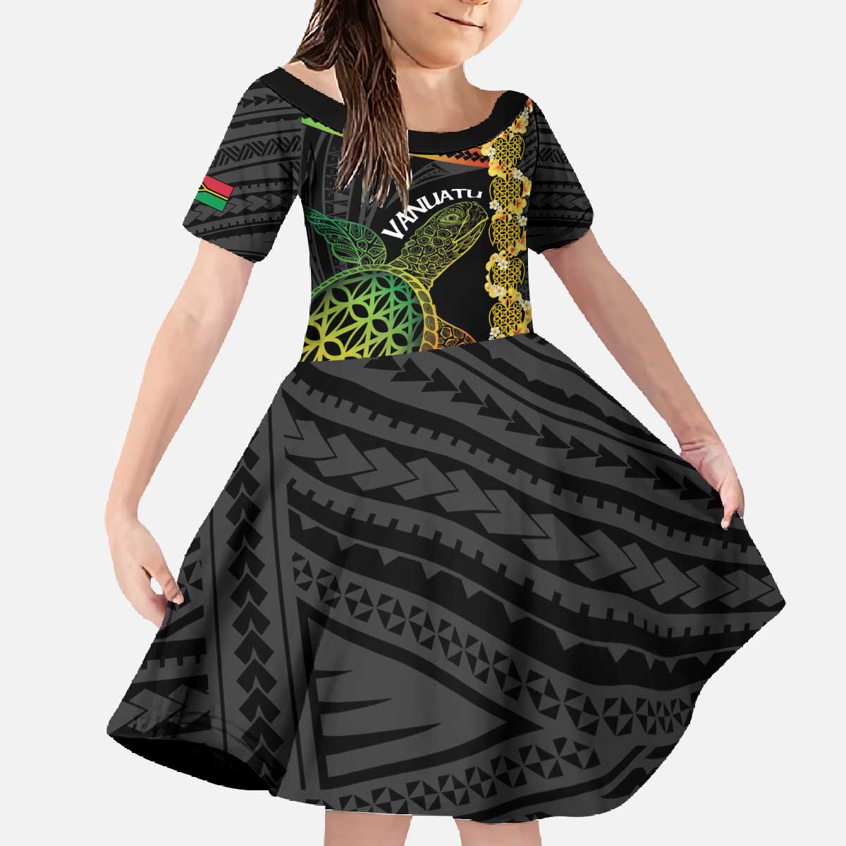 Vanuatu Sand Drawing Turtle Family Matching Off The Shoulder Long Sleeve Dress and Hawaiian Shirt Happy Independence Day