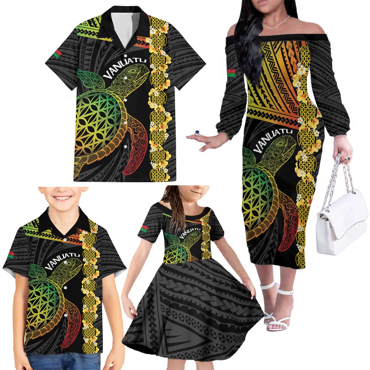 Vanuatu Sand Drawing Turtle Family Matching Off The Shoulder Long Sleeve Dress and Hawaiian Shirt Happy Independence Day