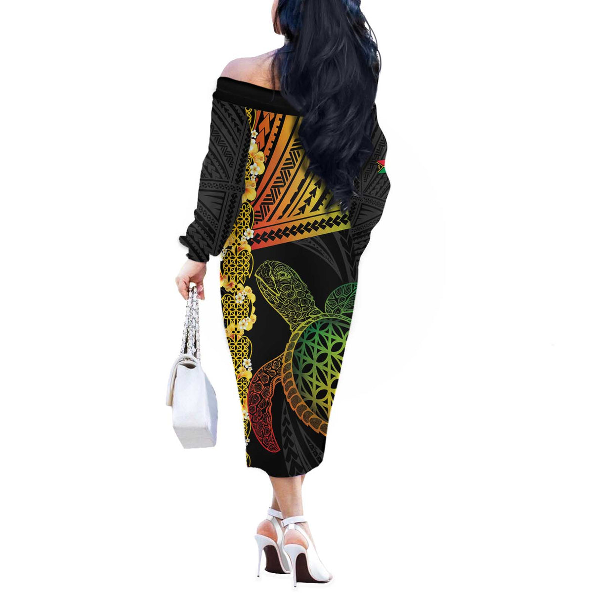 Vanuatu Sand Drawing Turtle Off The Shoulder Long Sleeve Dress Happy Independence Day