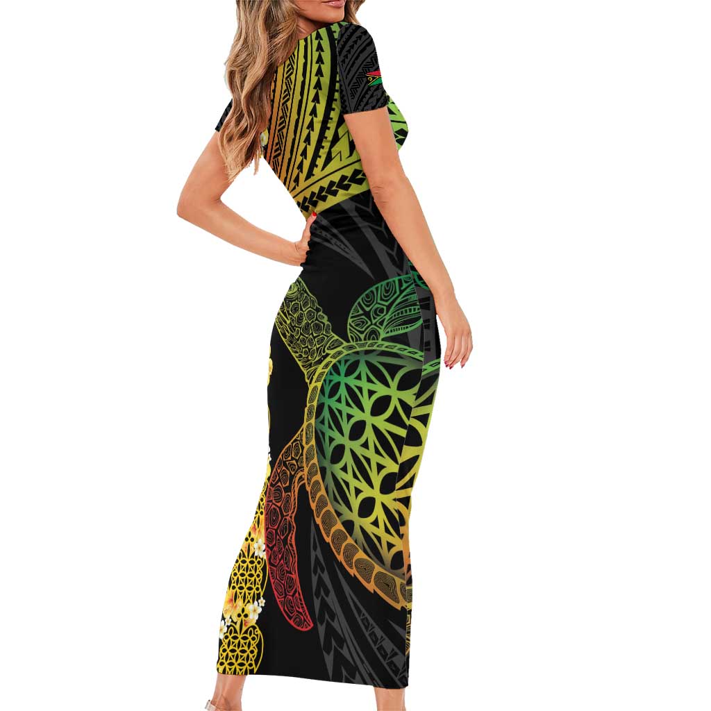 Vanuatu Sand Drawing Turtle Short Sleeve Bodycon Dress Happy Independence Day