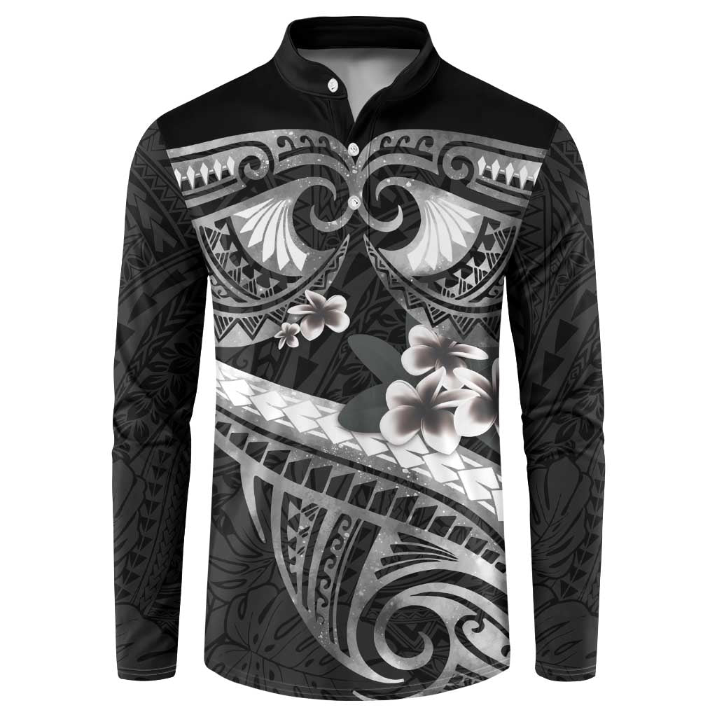 Black Polynesia Button Sweatshirt Tribal Pattern Tropical Frangipani