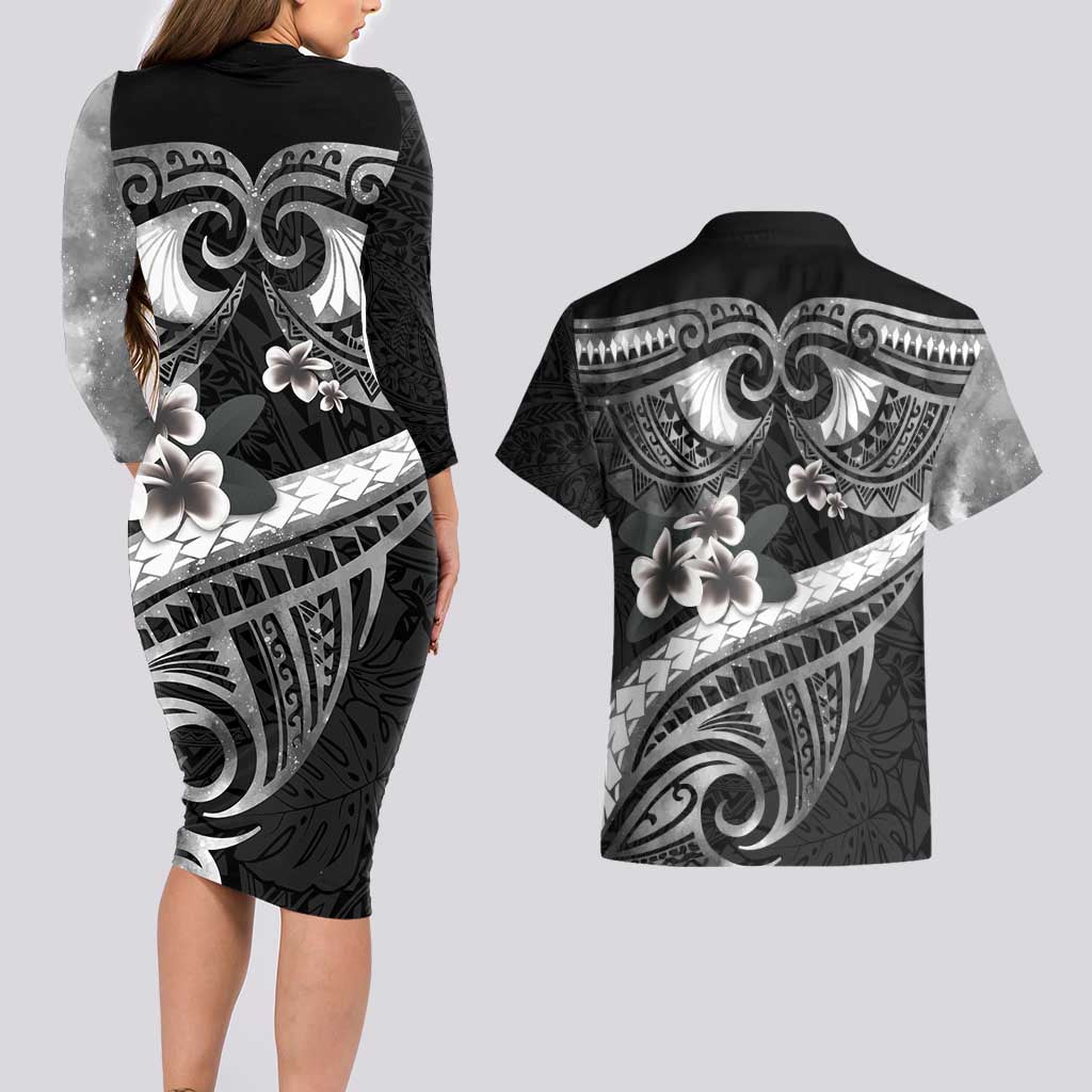 Black Polynesia Couples Matching Long Sleeve Bodycon Dress and Hawaiian Shirt Tribal Pattern Tropical Frangipani
