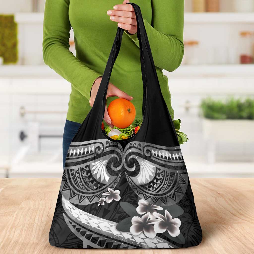 Black Polynesia Grocery Bag Tribal Pattern Tropical Frangipani