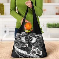 Black Polynesia Grocery Bag Tribal Pattern Tropical Frangipani