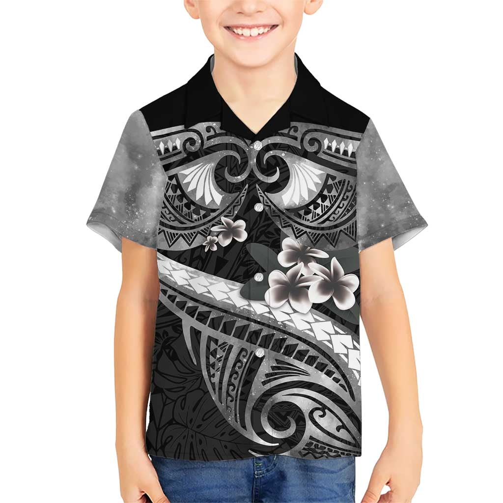 Black Polynesia Kid Hawaiian Shirt Tribal Pattern Tropical Frangipani