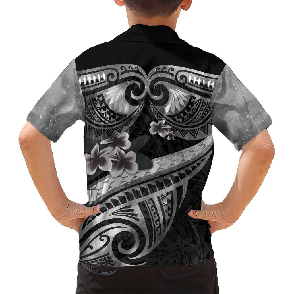 Black Polynesia Kid Hawaiian Shirt Tribal Pattern Tropical Frangipani