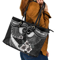 Black Polynesia Leather Tote Bag Tribal Pattern Tropical Frangipani