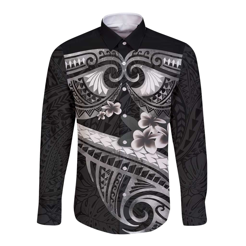 Black Polynesia Long Sleeve Button Shirt Tribal Pattern Tropical Frangipani LT14 Unisex Black - Polynesian Pride
