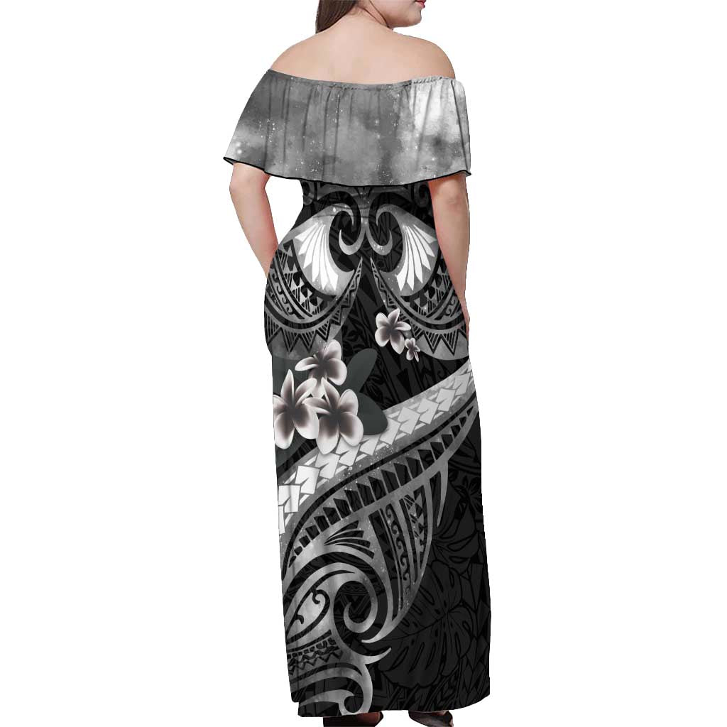Black Polynesia Off Shoulder Maxi Dress Tribal Pattern Tropical Frangipani
