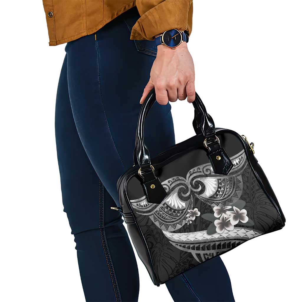 Black Polynesia Shoulder Handbag Tribal Pattern Tropical Frangipani