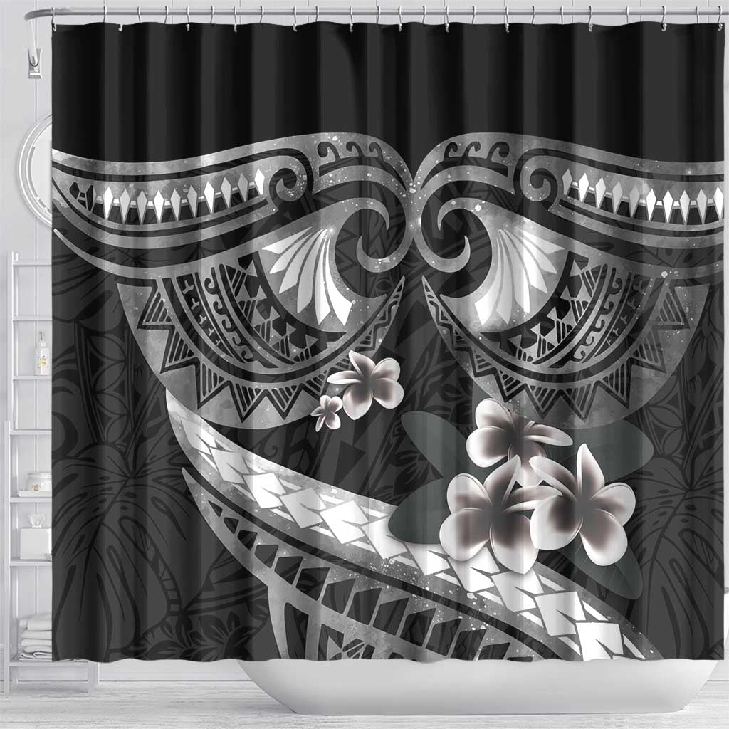 Black Polynesia Shower Curtain Tribal Pattern Tropical Frangipani