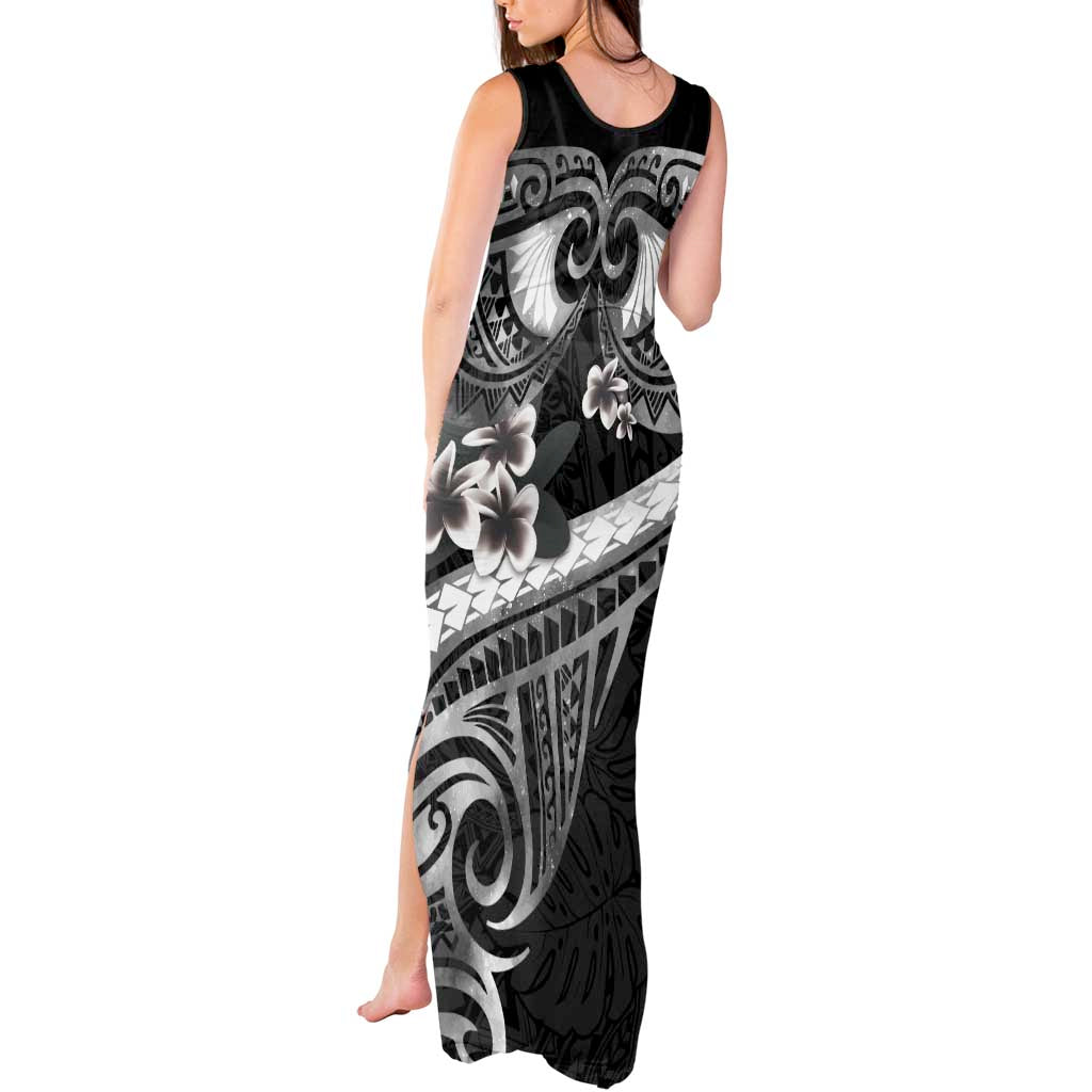 Black Polynesia Tank Maxi Dress Tribal Pattern Tropical Frangipani