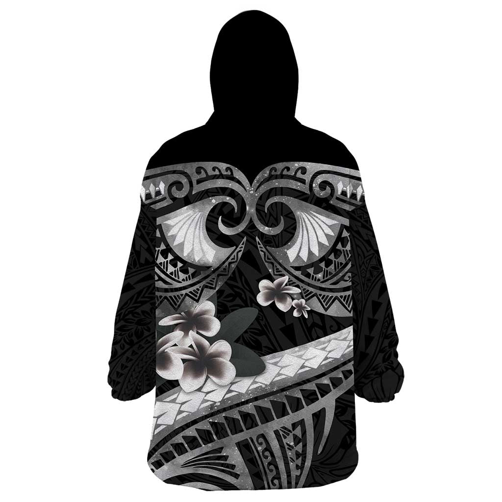 Black Polynesia Wearable Blanket Hoodie Tribal Pattern Tropical Frangipani