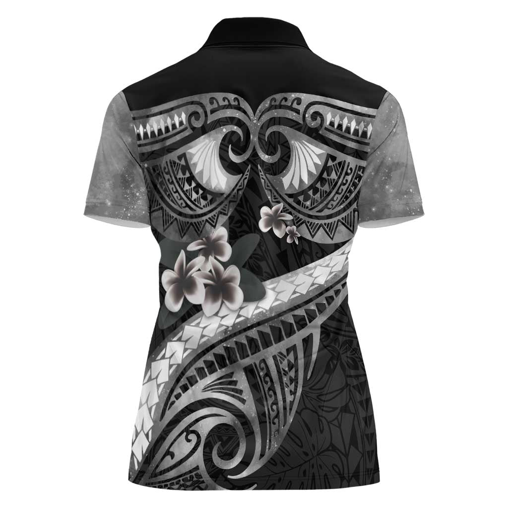 Black Polynesia Women Polo Shirt Tribal Pattern Tropical Frangipani