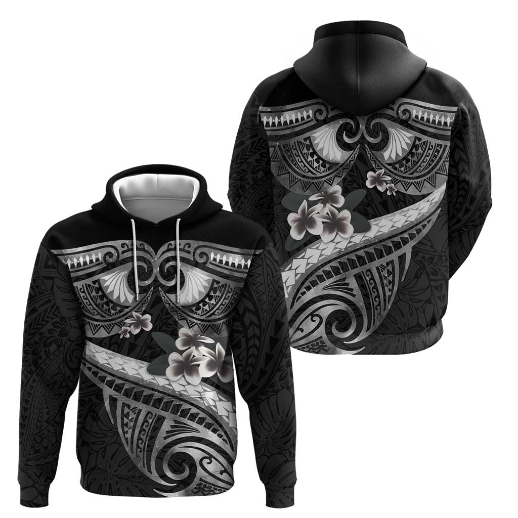 Black Polynesia Zip Hoodie Tribal Pattern Tropical Frangipani