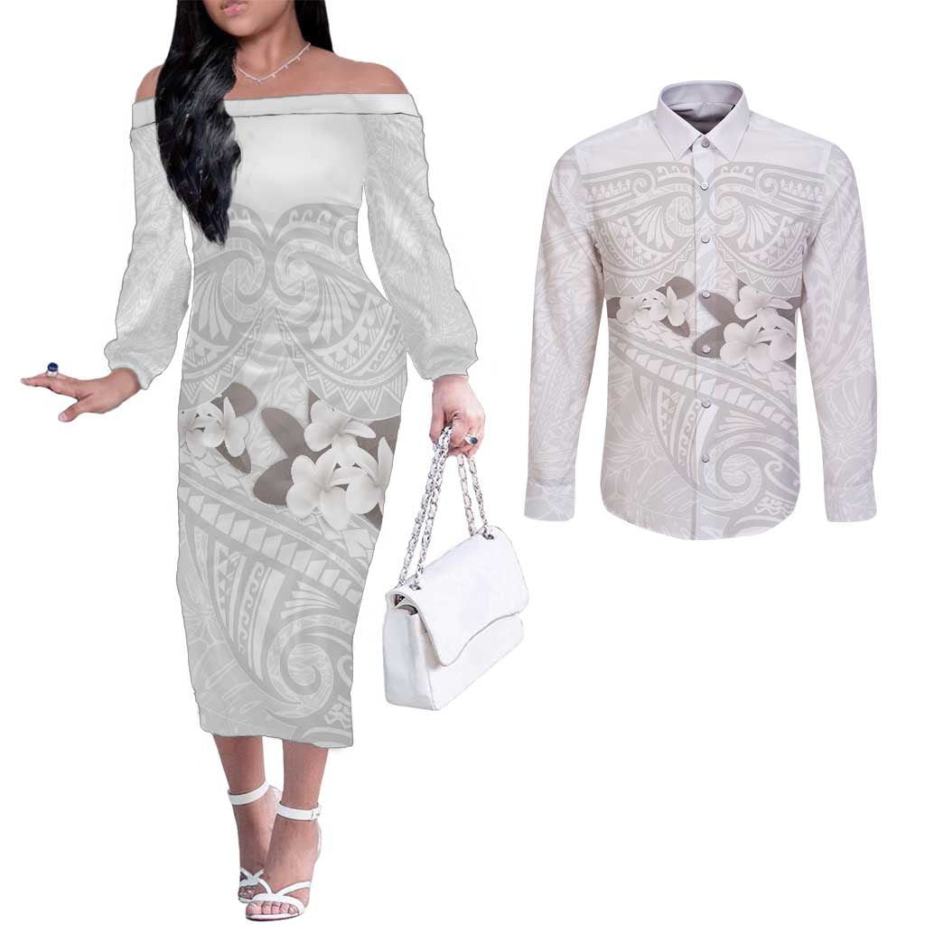 White Polynesia Couples Matching Off The Shoulder Long Sleeve Dress and Long Sleeve Button Shirt Tribal Pattern Tropical Frangipani