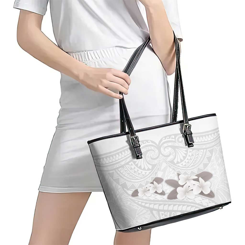White Polynesia Leather Tote Bag Tribal Pattern Tropical Frangipani
