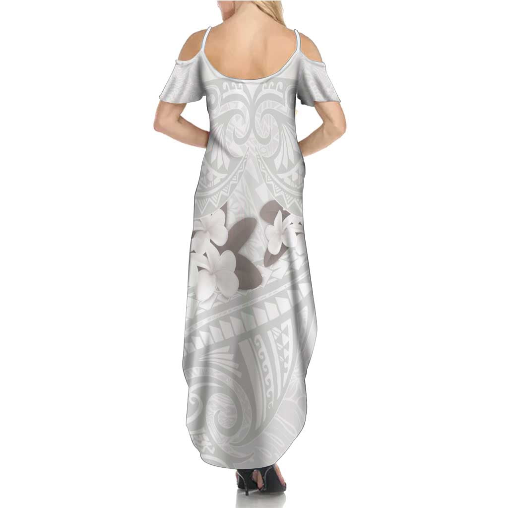 White Polynesia Summer Maxi Dress Tribal Pattern Tropical Frangipani