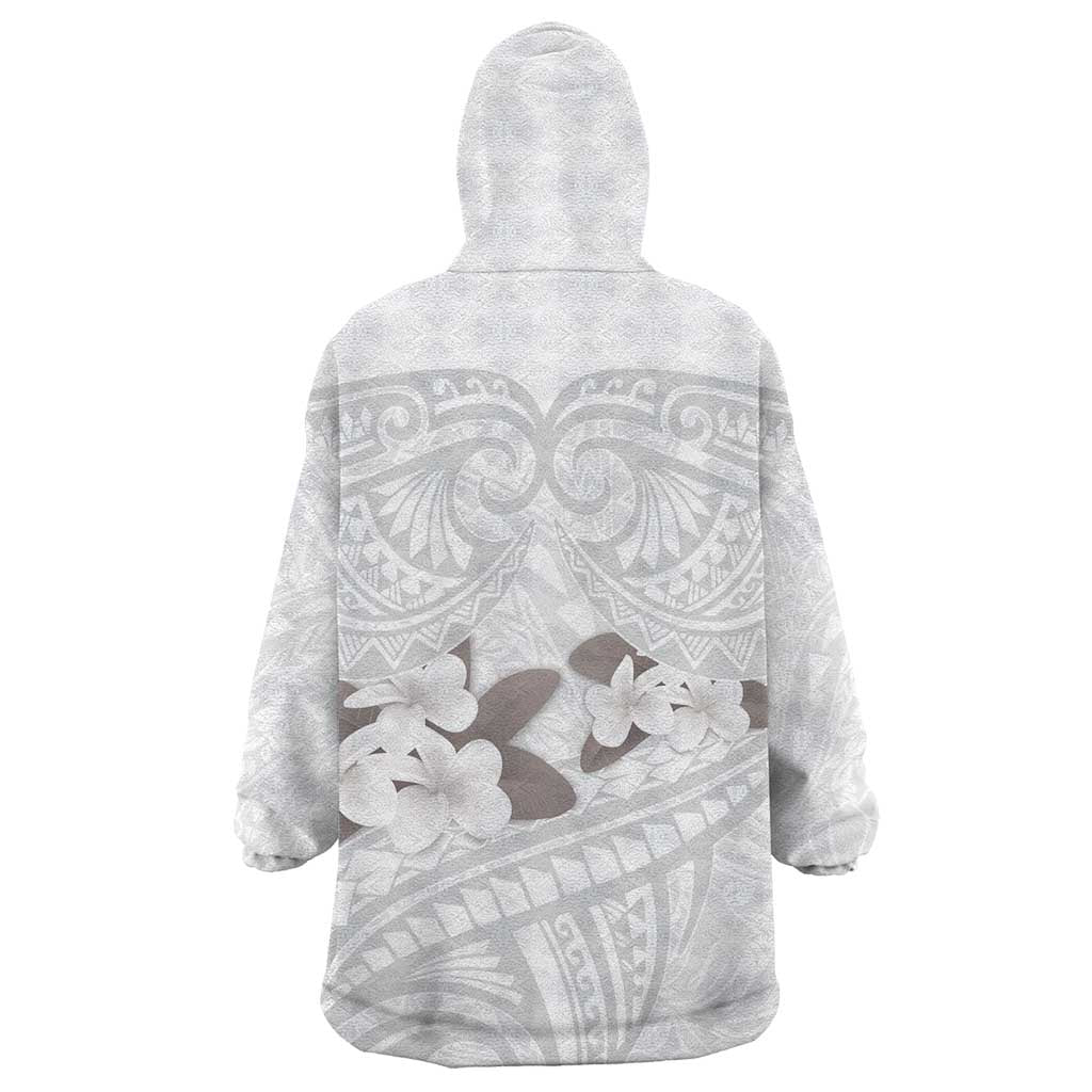 White Polynesia Wearable Blanket Hoodie Tribal Pattern Tropical Frangipani