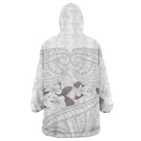 White Polynesia Wearable Blanket Hoodie Tribal Pattern Tropical Frangipani