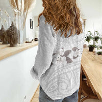 White Polynesia Women Casual Shirt Tribal Pattern Tropical Frangipani