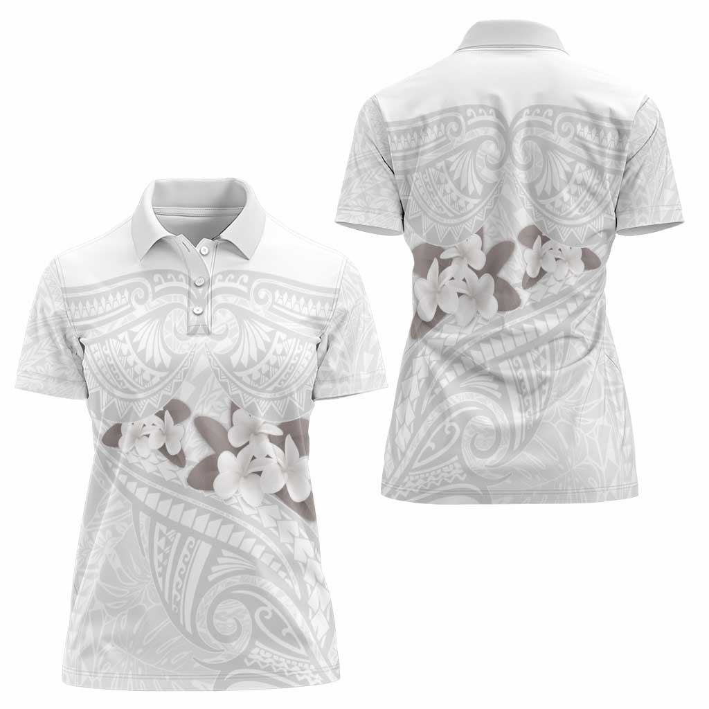 White Polynesia Women Polo Shirt Tribal Pattern Tropical Frangipani