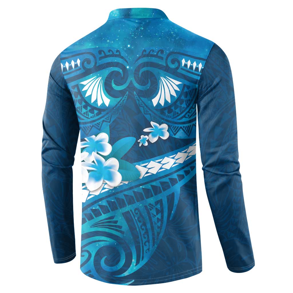 Blue Polynesia Button Sweatshirt Tribal Pattern Tropical Frangipani