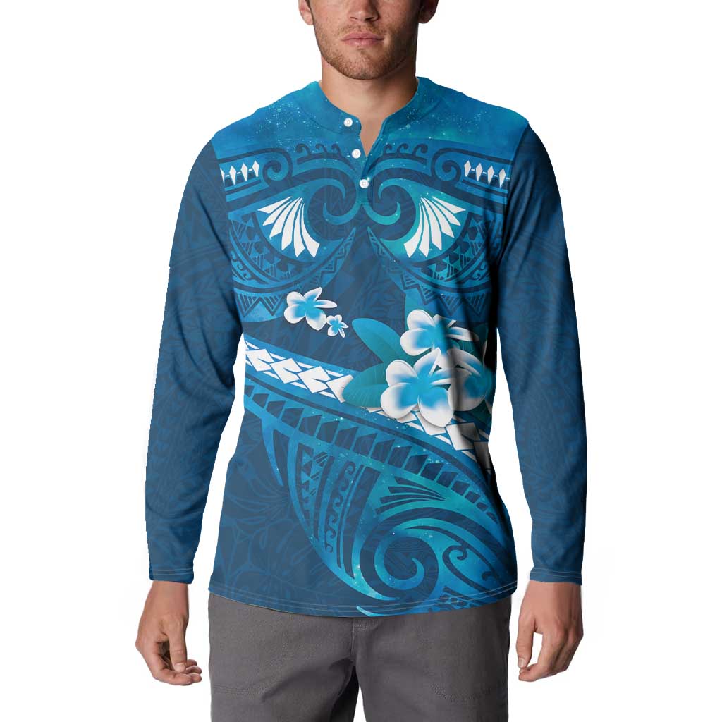 Blue Polynesia Button Sweatshirt Tribal Pattern Tropical Frangipani