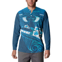 Blue Polynesia Button Sweatshirt Tribal Pattern Tropical Frangipani