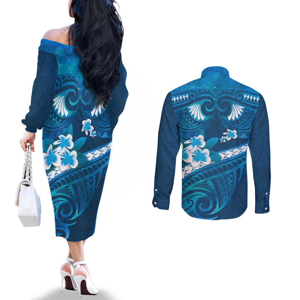 Blue Polynesia Couples Matching Off The Shoulder Long Sleeve Dress and Long Sleeve Button Shirt Tribal Pattern Tropical Frangipani