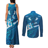Blue Polynesia Couples Matching Tank Maxi Dress and Long Sleeve Button Shirt Tribal Pattern Tropical Frangipani