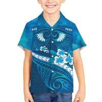 Blue Polynesia Family Matching Tank Maxi Dress and Hawaiian Shirt Tribal Pattern Tropical Frangipani