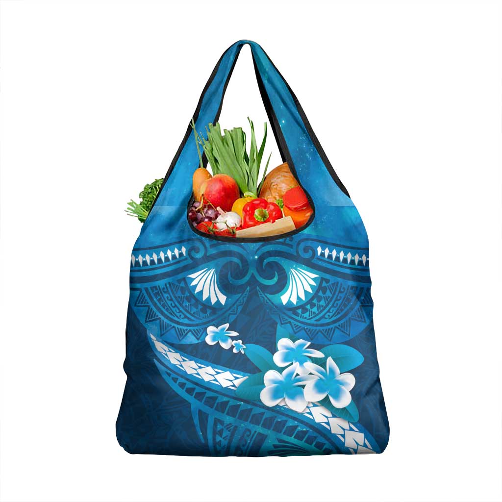 Blue Polynesia Grocery Bag Tribal Pattern Tropical Frangipani