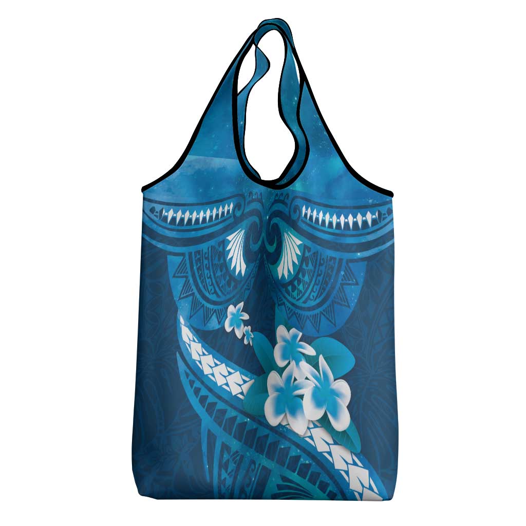 Blue Polynesia Grocery Bag Tribal Pattern Tropical Frangipani