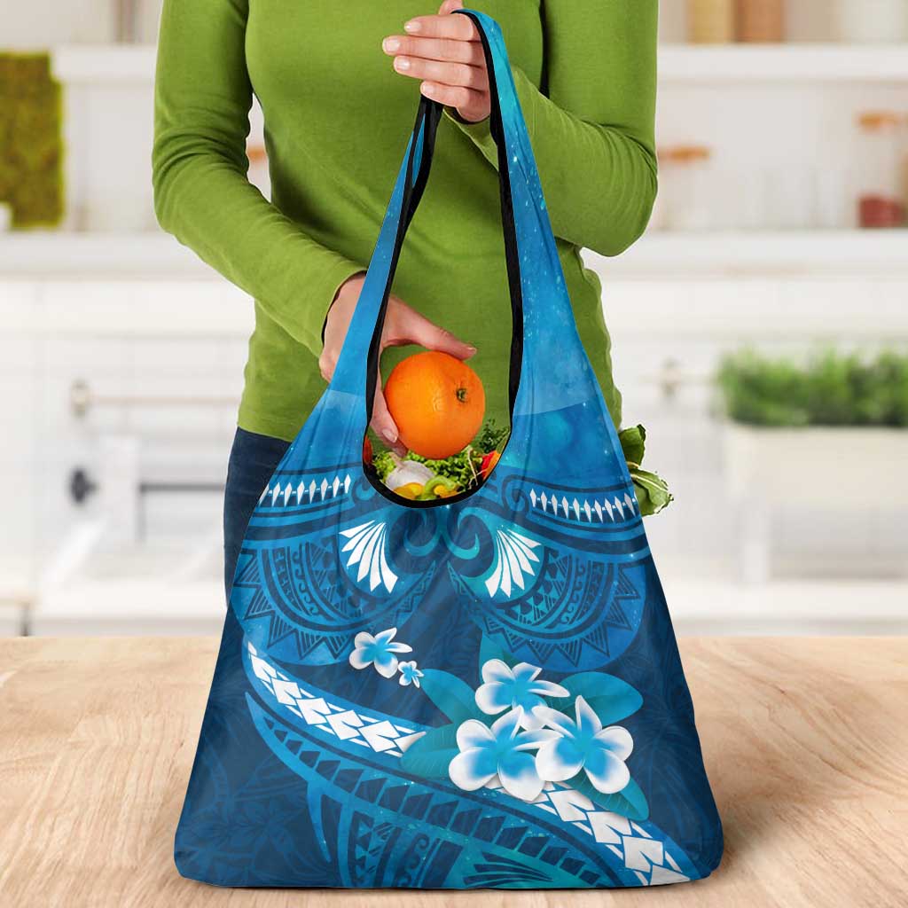 Blue Polynesia Grocery Bag Tribal Pattern Tropical Frangipani