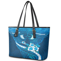 Blue Polynesia Leather Tote Bag Tribal Pattern Tropical Frangipani