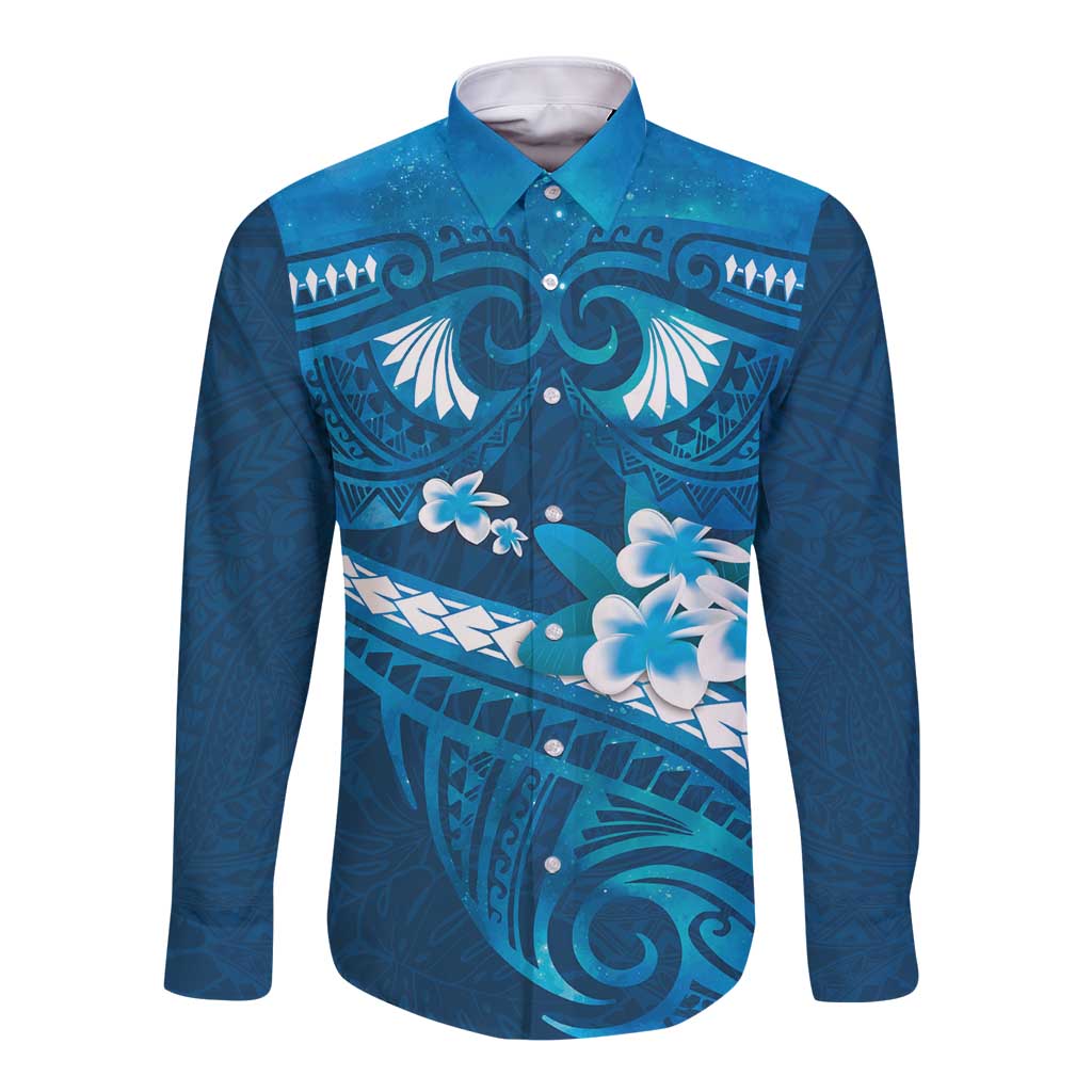 Blue Polynesia Long Sleeve Button Shirt Tribal Pattern Tropical Frangipani LT14 Unisex Blue - Polynesian Pride