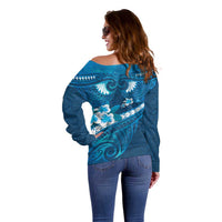 Blue Polynesia Off Shoulder Sweater Tribal Pattern Tropical Frangipani