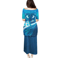 Blue Polynesia Puletasi Tribal Pattern Tropical Frangipani