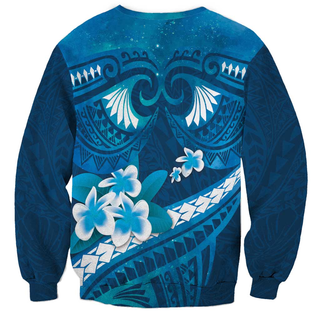 Blue Polynesia Sweatshirt Tribal Pattern Tropical Frangipani