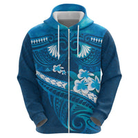 Blue Polynesia Zip Hoodie Tribal Pattern Tropical Frangipani