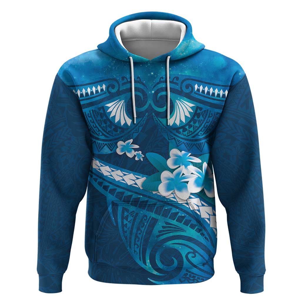 Blue Polynesia Zip Hoodie Tribal Pattern Tropical Frangipani