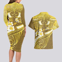 Gold Polynesia Couples Matching Long Sleeve Bodycon Dress and Hawaiian Shirt Tribal Pattern Tropical Frangipani