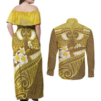 Gold Polynesia Couples Matching Off Shoulder Maxi Dress and Long Sleeve Button Shirt Tribal Pattern Tropical Frangipani