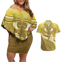 Gold Polynesia Couples Matching Off Shoulder Short Dress and Hawaiian Shirt Tribal Pattern Tropical Frangipani