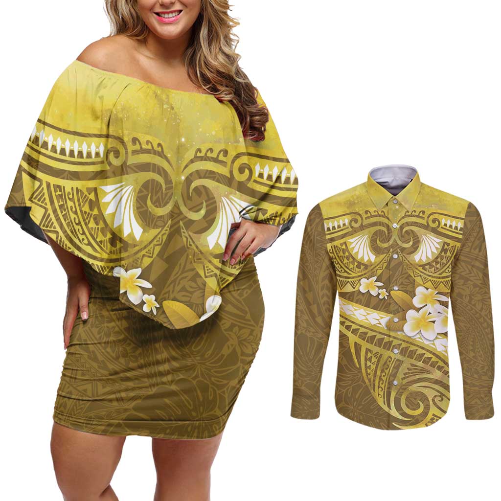 Gold Polynesia Couples Matching Off Shoulder Short Dress and Long Sleeve Button Shirt Tribal Pattern Tropical Frangipani